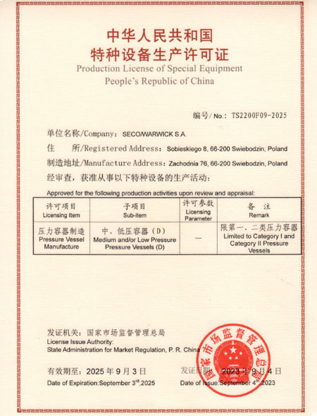 Manufacture of pressure vessels at the above location only