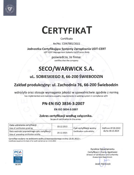 Manufacture of pressure vessels at the above location only